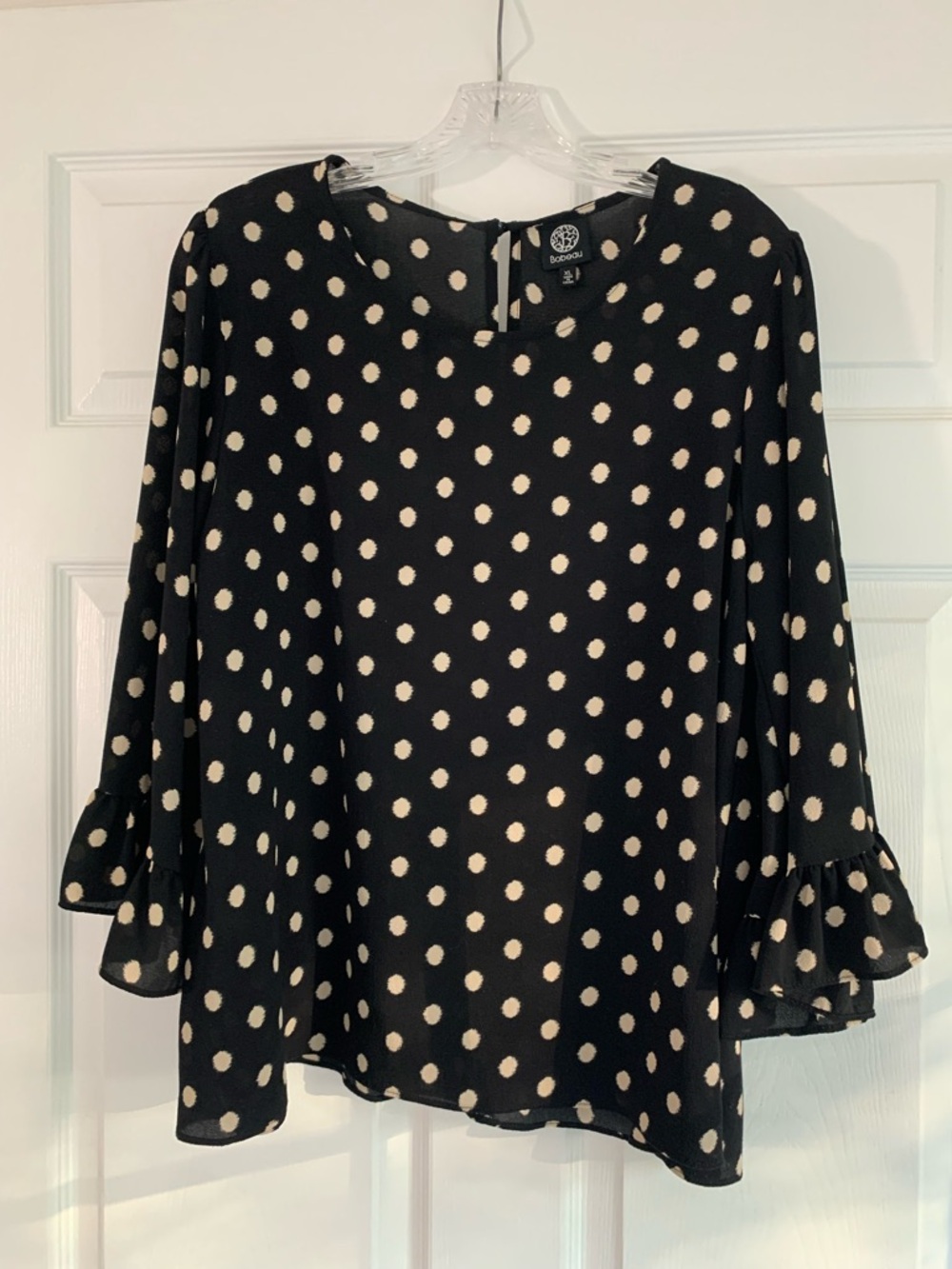 Bobeau Black with Cream Polka Dot Ruffle Sleeve Top XL Lightweight 3/4 Sleeve